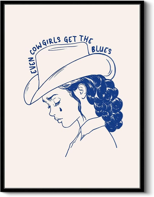 Vintage Cowgirl Portrait Artwork Even Cowgirls Get the Blues, Framed Canvas Wall Art 12"x16" Minimalist Western-Style Decor, Emotional Stylish Tearful Cowgirl Print Home Modern Spaces