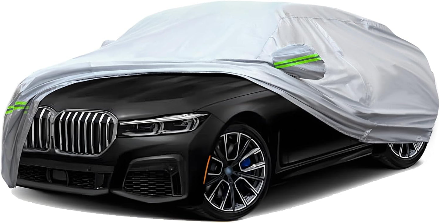 TUCAREST 6-Layers Premium Full Car Cover Hard Shell Zipper Design Waterproof All Weather Weatherproof UV Sun Protection Snow Dust Storm Resistant Outdoor with Straps (Fit for Sedan 205"- 216")