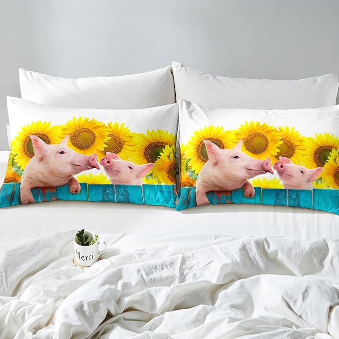 Sunflower Pig Duvet Set - Queen Size, Funny Cute Animal Bedding, Rustic Country Floral Pattern, Turquoise Wooden Comforter