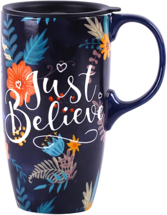 Topadorn Ceramic Mug with Lid and Handle,17oz. Tall Coffee Cup for Home,Party and Birthday,Just Believe