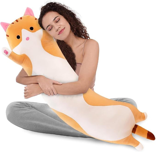WUYU Lovely Plush Cat Doll Cute Cartoon Soft Stuffed Kitten Pillow Long Throw Sleeping Pillow Doll Toy Gift for Kids Girlfriend Multiple Size (Brown,110cm/43.3in)