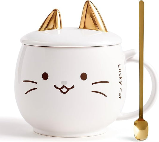Yuwu Cat Ceramic Coffee Mug with Spoon & Lid, 13.5 oz Novelty Mug with Phone Stand Lid, Cute Tea Cup for Women & Cat Enthusiasts (White)