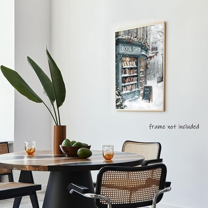 Vintage Christmas wall art Winter Book Shop Poster Print Book Lovers Gift Reading wall art Bookshop Wall Decor Winter Landscape Painting Room decor Aesthetic Unframed16x24inch