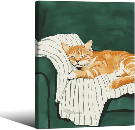 Sleeping Orange Cat poster Green Aesthetic Wall Art Preppy Funky Cute Animal Canvas Painting Gift For Cat Lover 12x16 inch Framed for Cozy Room Wall Decor