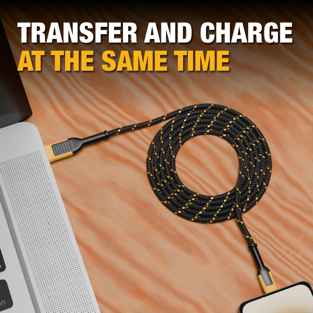 DEWALT Heavy Duty USB to Lightning Cable [Apple MFi Certified] Durable iPhone Charger, Lightning Cables, Fast Charging iPhone Charger Cord Compatible w/iPhones 14/13/12/11 Pro Max iPad AirPods, 10FT