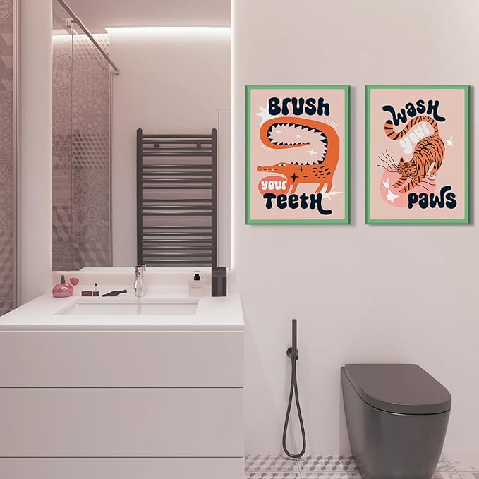 YFvrPt Funny Bathroom Animal Wall Art, Tiger Wash Your Paws Bathroom Wall Decor, Cute Eclectic Restroom Poster Canvas Prints Funky Maximalist Toilet Sign for Kids Room Nursery Framed 16x24 inch