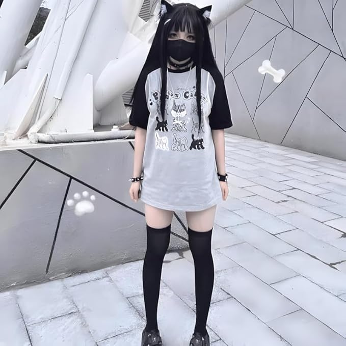 Y2K Harajuku Kawaii Gothic Clothes Casual Crewneck Raglan Sleeve Cartoon Graphic Phantom Cats Print T-Shirt