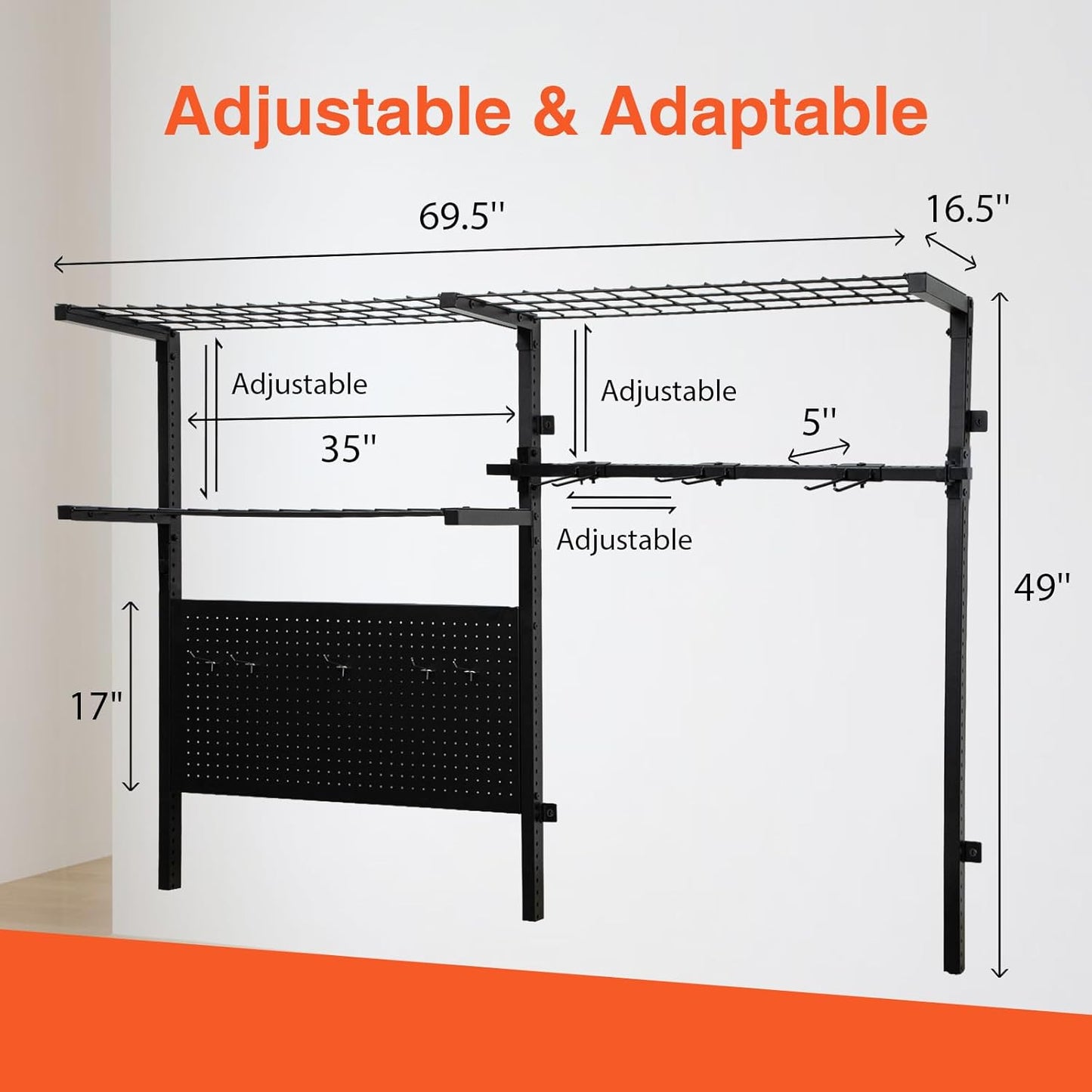 Garage Shelf Wall Mounted with Pegboard Heavy Duty Garage Wall Shelving with Garden Tool Rack and Hooks Garage Tool Organizer for Home Garden Yard Organization and Storage Holds 500lbs