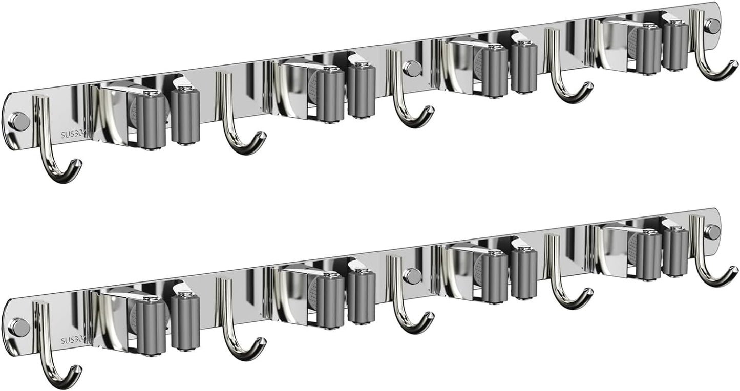 2 Pack Mop and Broom Holder Wall Mount, Non-slip Broom Hanger Wall Mount, Heavy Duty Mop Broom Organizer for Kitchen Garden Garage Laundry Room Wall Decor Organization and Storage Silver 4R5H