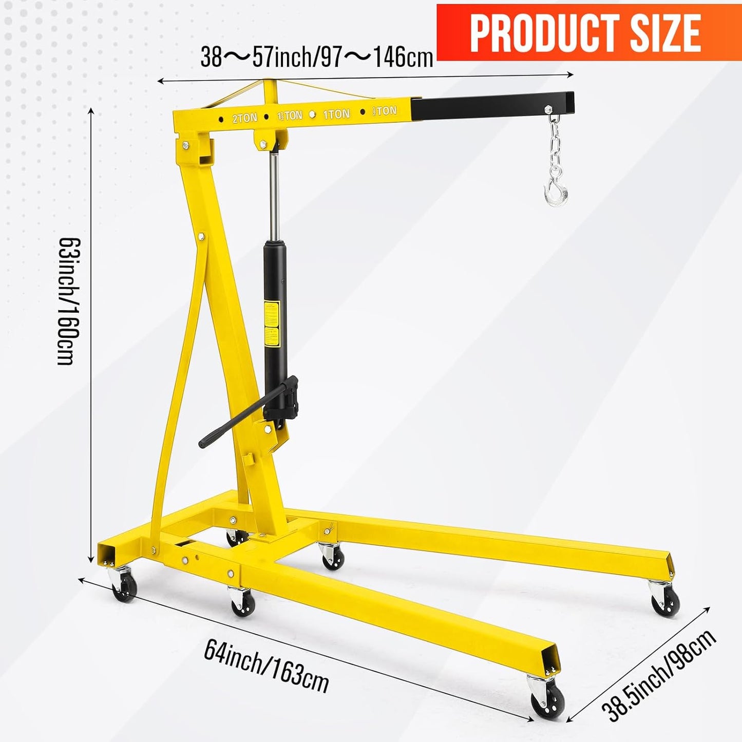 2 Ton Hydraulic Engine Hoist with Lever Stabilizer , Cherry Picker Engine Hoist, 4400LBS Heavy Duty Garage Crane with 6 Swivel Casters & Adjustable Telescopic Boom, for Auto Repair & Workshop (Yellow)
