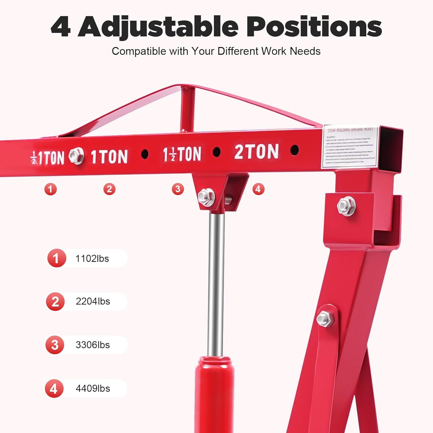Folding Engine Crane 2 Ton Folding Engine Hoist with Engine Leveler 4400lbs Hydraulic Crane with 6 Iron Caster Wheels for Garage, Workshop (Red)