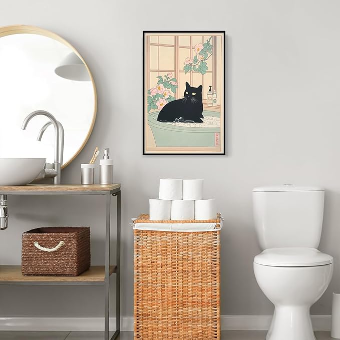 Black Cat Canvas Wall Art, Funny Japanese Cat Bathroom Poster, Cat In A Bubble Bathtub Painting, Neutral Japan Cat Aesthetic Print, Cat Pink Flowers Green Botanical Picture 8x12in Framed