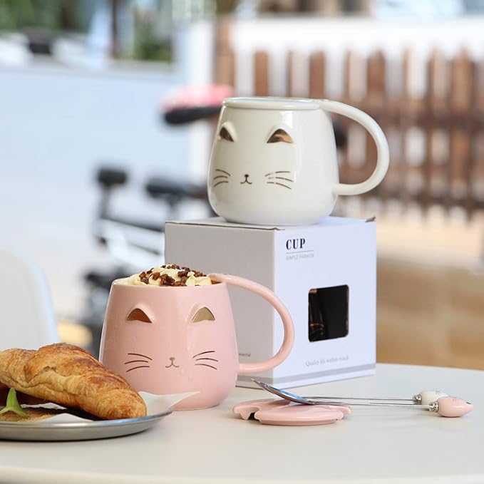 Yuwu Cat Mug Cute Coffee Mug gifts for cat lovers Ceramic Cup, Novelty Mug with Lid and Stainless Steel Spoon, Christmas Birthday Gifts Present for kids Women Girls (pink)