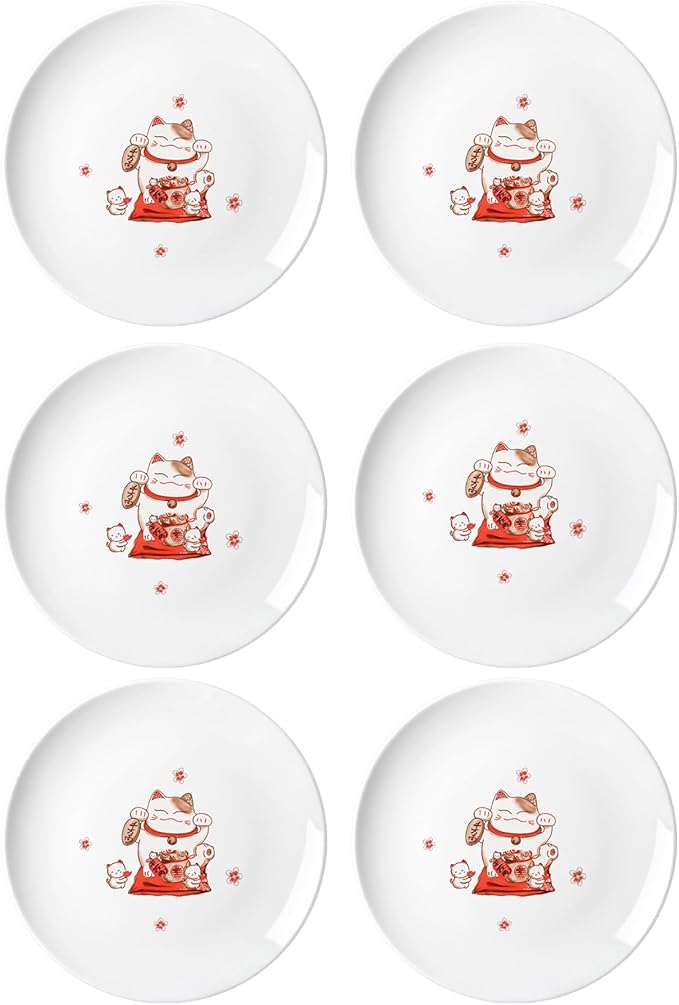 White Porcelain Vintage Lucky Cat Pattern Dessert Plates, Appetizer Plates, Snack Plates Set, Seasoning Dishes, Side Dishes, Saucer Dipping Bowls, 6 PCS-Lucky Cat-5 Inch