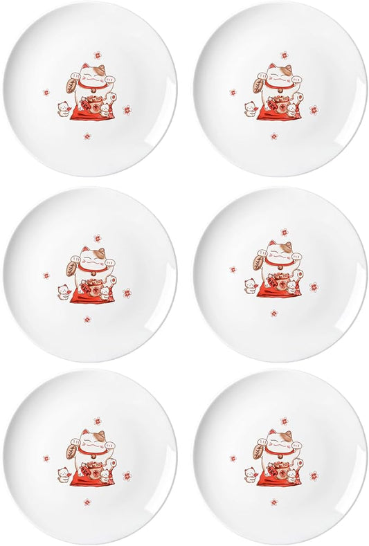 White Porcelain Vintage Lucky Cat Pattern Dessert Plates, Appetizer Plates, Snack Plates Set, Seasoning Dishes, Side Dishes, Saucer Dipping Bowls, 6 PCS-Lucky Cat-5 Inch