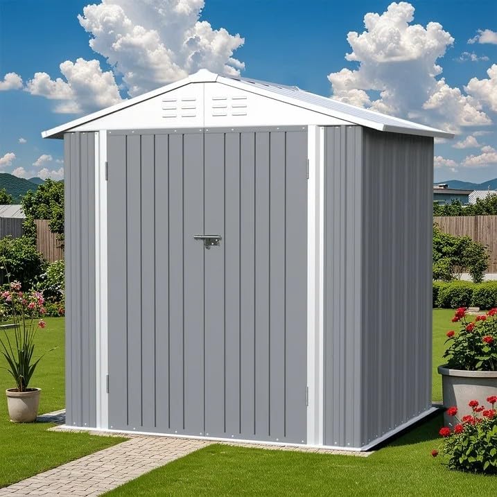 Greesum 6×4FT Outdoor Storage Shed, Metal Patio Storaged Sheds with Lockable Doors, Sheds & Outdoor Storage for Bike, Backyard, Pool and Garden, Gray