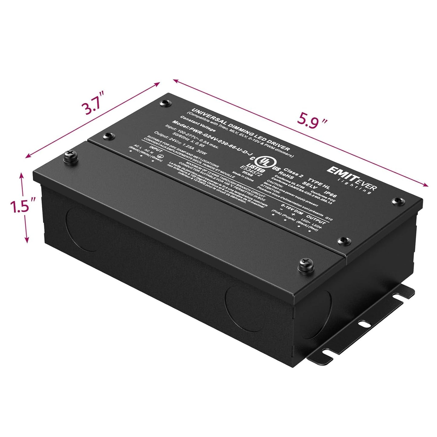 EMITEVER Dimmable Led Driver, 2 Packs 30W AC 110V-277V to DC 24V Transformer, 5-in-1 Dimming: ELV/MLV/TRIAC / 0-10V / 1-10V / 10V PWM/Potentiometer, Waterproof IP67 and UL Listed