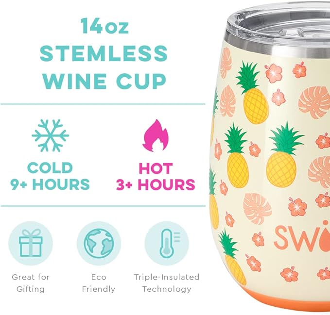 Swig Life 14oz Insulated Wine Tumbler with Lid | Discontinued Prints | Dishwasher Safe, Holds 2 Glasses, Stainless Steel Outdoor Wine Glass (Pineapple)