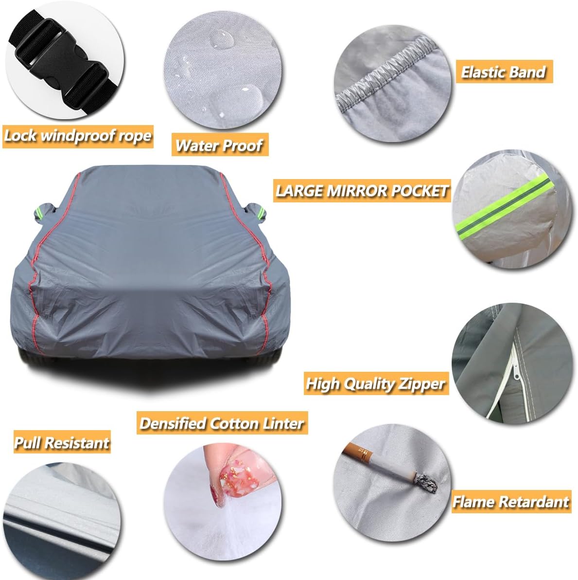 AUQDD 6-Layers PEVA New Material Sedan SUV Full Padded Car Cover Waterproof All Weather Weatherproof UV Sun Protection Snow Dust Storm Resistant Outdoor Exterior Custom Form-Fit Straps 165"-179" Grey