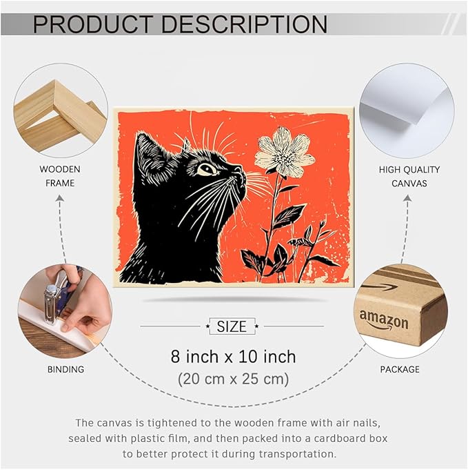 Black Cat Posters Vintage Animal Botanical Wall Art Cute Cat Sniffing Flower Canvas Painting Gift For Cat Lover 08x10 inch Framed Living Room Gallery Wall Decor