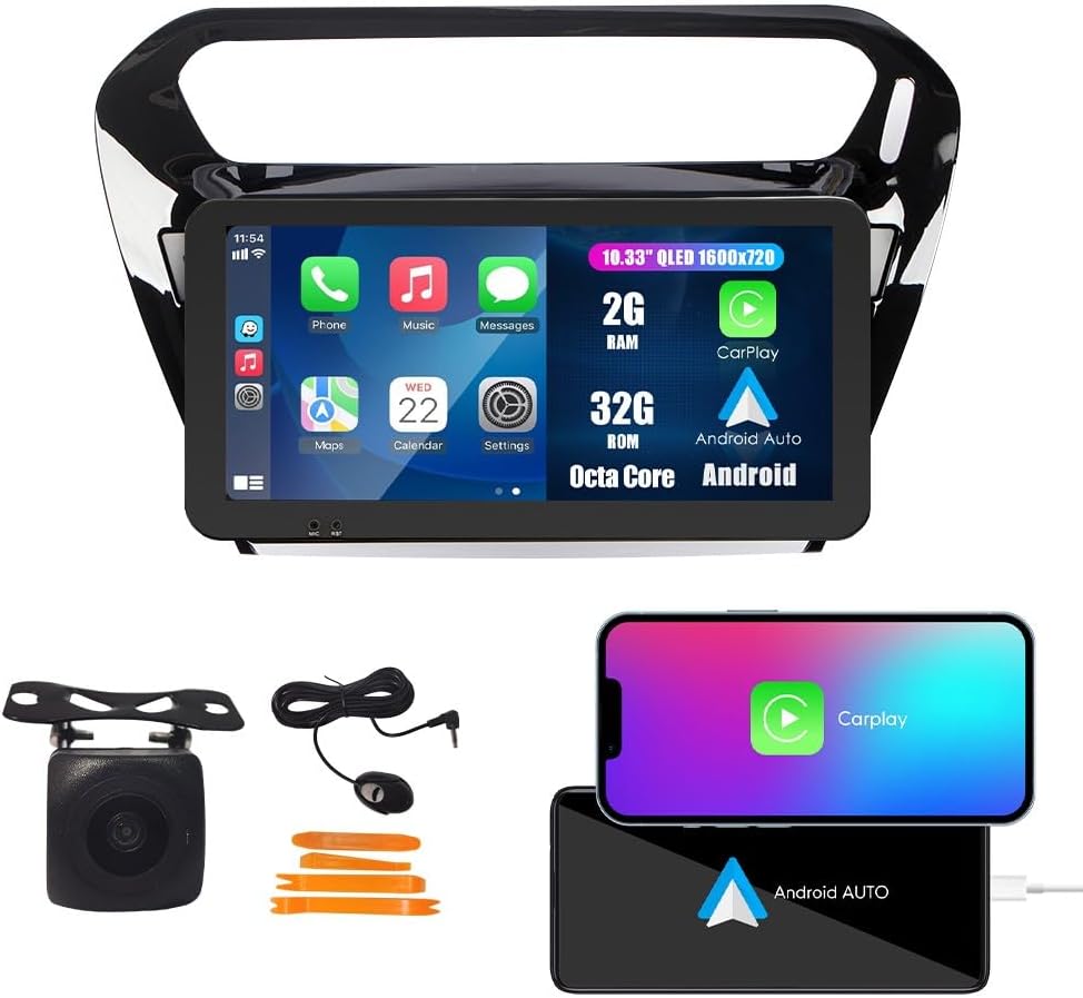 Kunfine Car CarPlay Android Auto Navigation Stereo GPS Radio Camera Display 10.33" QLED Touchscreen Headunit Tablet Media Player for Peugeot 301 2013-2022, if Applicable Octa Core 2G+32G Gloss Black