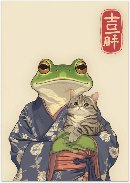 Vintage Japanese Frog & Cat Poster,Funny Anime-Inspired Kimono Frog Wall Art,Aesthetic Japanese Home Décor,Cute Print for Bedroom, Living Room Or Bathroom 16x24 in Unframed