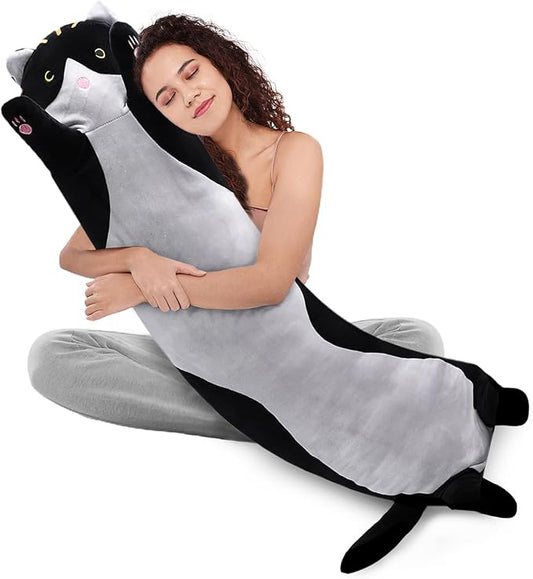 WUYU Lovely Plush Cat Doll Cute Cartoon Soft Stuffed Kitten Pillow Long Throw Sleeping Pillow Doll Toy Gift for Kids Girlfriend Multiple Size (Black, 130cm/51.1in)