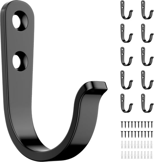 10Pcs Wall Hooks for Bathroom, Kitchen, Closet, and Garage - Black Metal Hooks for Hanging Coats, Towels, Hats, Keys, Bags, and Coffee Cups - Holds Up to 40 lbs