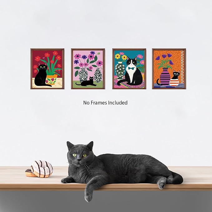 TOCDGOO Fun Black Cat Wall Art Abstract Flower Canvas Posters, Colorful Fashion Flower & Cat Art Prints for Bedroom Bathroom Children's Room Home Decor, Set of 4 Unframed 8x10 Inches