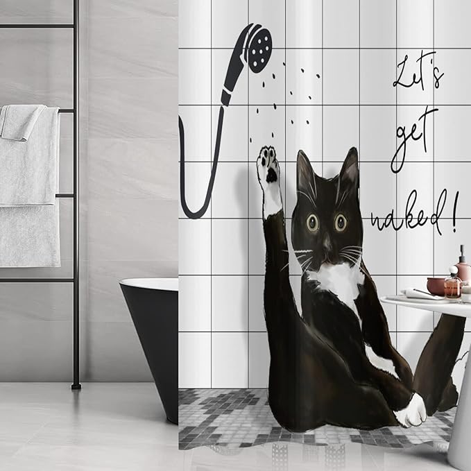 Black Cat Extra Long Shower Curtain, Funny Kitty Animal Get Naked Plaid Machine Washable Waterproof Durable Fabric for Bathroom Decor Bathtub with 12 Hooks 72Wx78H
