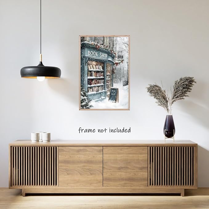 Vintage Christmas wall art Winter Book Shop Poster Print Book Lovers Gift Reading wall art Bookshop Wall Decor Winter Landscape Painting Room decor Aesthetic Unframed24x36inch