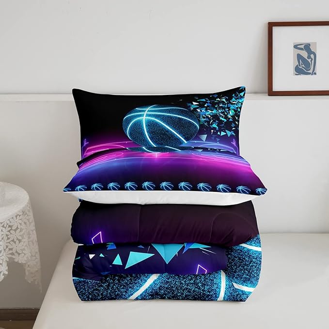 Basketball Comforter Set Queen Size Neon Sport Bedding Set For Kids Boys Girls Teens Blue Purple Gradient Glowing Basketball Down Comforter Room Decor Lightweight 2 pillow cases Duvet Insert