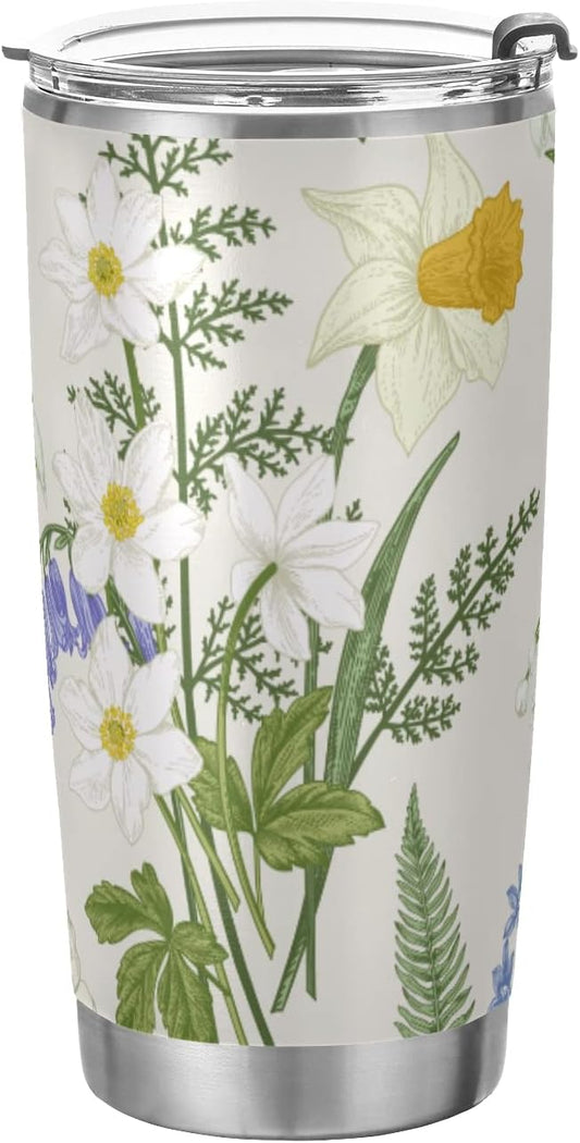 Tumbler Garden Flower Purple White Insulated Coffee Cup Beverage Container Travel Mug with Straw and Lid Double Wall Stainless Steel 20oz Office, Back to School