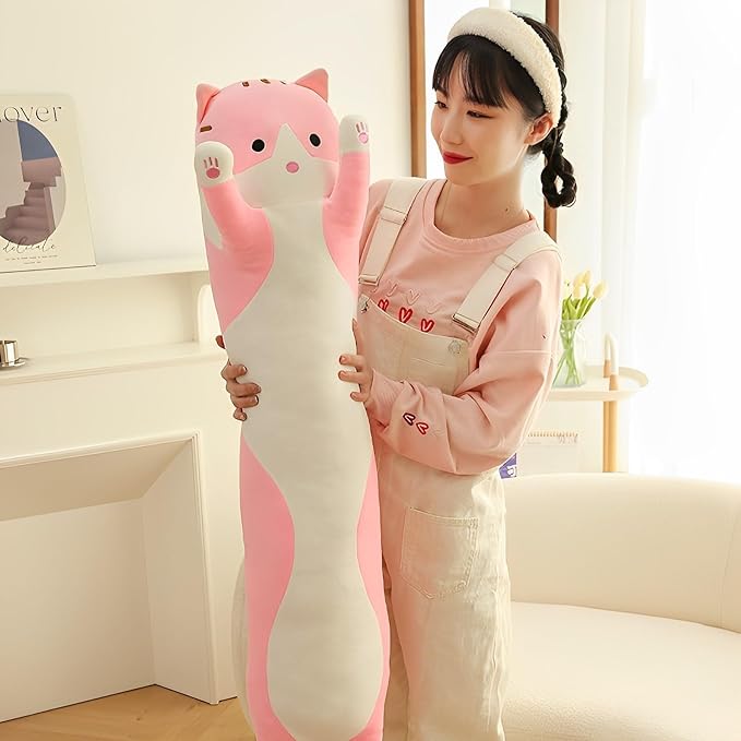 WUYU Lovely Plush Cat Doll Cute Cartoon Soft Stuffed Kitten Pillow Long Throw Sleeping Pillow Doll Toy Gift for Kids Girlfriend Multiple Size (Pink,150cm/59in)