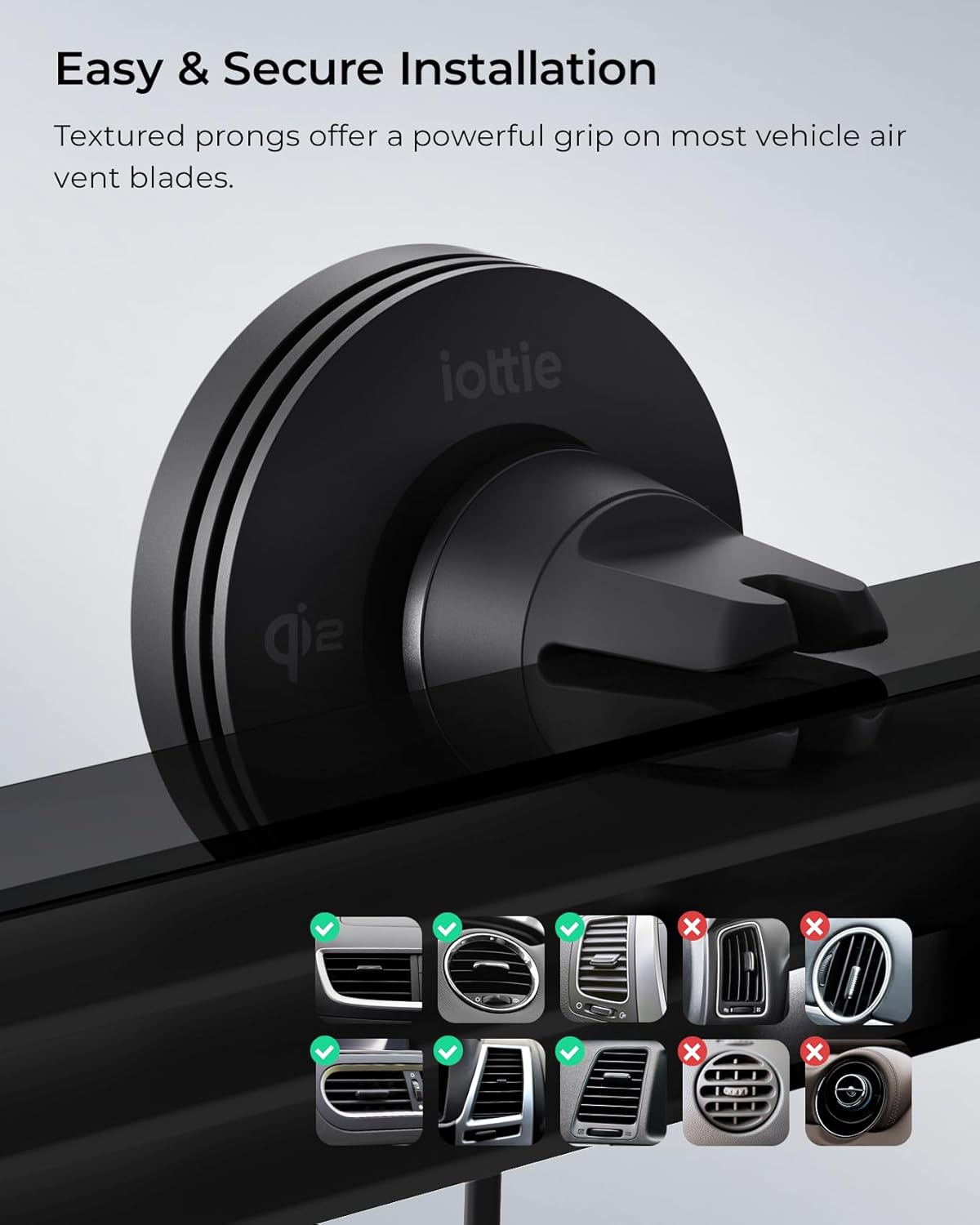 iOttie Velox Qi2 Mini Wireless Charging Car Mount - MagSafe Compatible Air Vent Phone Mount with 15W Charging for Qi2-enabled Smartphones Including iPhone 12, 13, 14, 15 and 16. Car Charger Included.