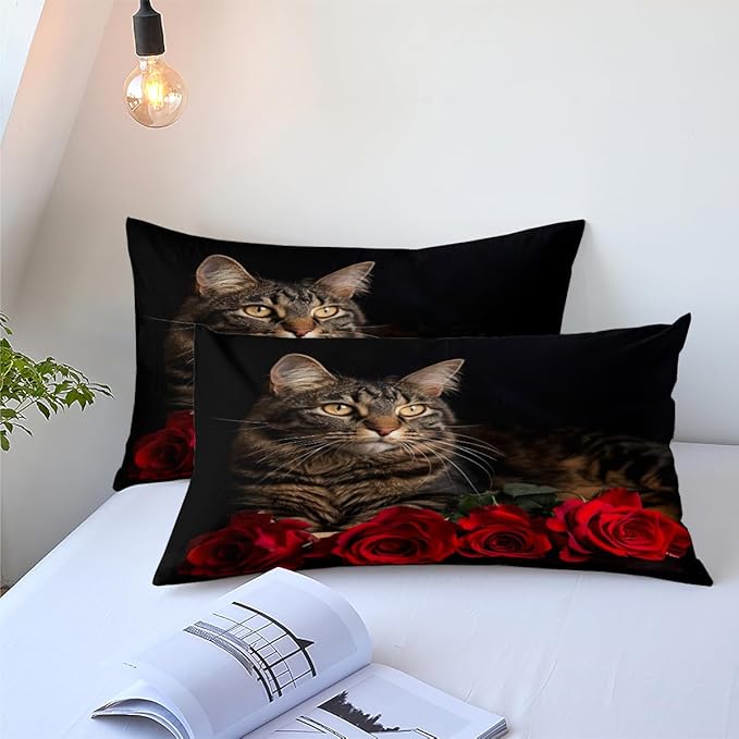 Black Cat Comforter Set Queen Cute Cats Bedding Set for Kids Girls Boys Teen Red Rose Bedding 3Pcs Kawaii Animal Bed Set Soft Down Alternative Comforter Sets with 2 Pillowcases
