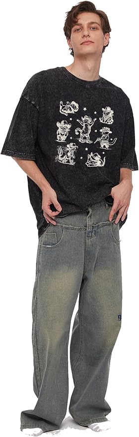 Y2K Oversized Graphic Tees for Women -Cowboy Cats Acid Washed Vintage Unisex Tee Short Sleeve Streetwear Tops