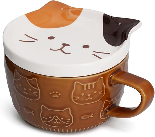 YLOKO Cute Cat Mug With Lid, 300ml/10oz Ceramic Calico Coffee Mug, Kawaii Animal Milk Teacup Novelty Gift for Cat Lovers Kids Women Girls