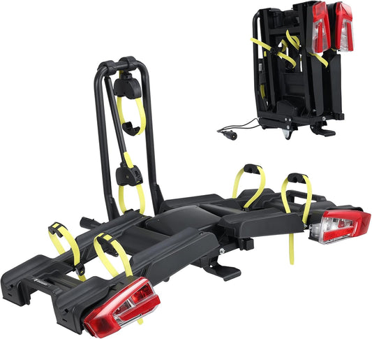 2 E-Bike Foldable Hitch Mount Bike Rack with Light for 2" Receiver SUV & Trucks, Up to 4'' Fat Tire, Lockable Hitch Racks for E-Bike with Ramp and Wheels, 180 LBS Capacity