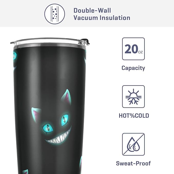 xigua 20oz Tumbler with Lid and Straw, Vacuum Insulated Stainless Steel Tumbler, Reusable Double Wall Travel Coffee Mug (Cheshire Cat Texture)