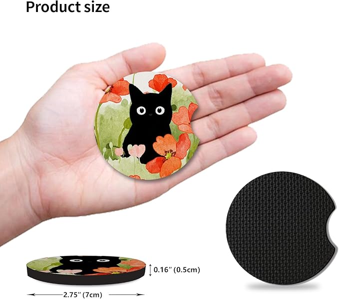 Car Coasters for Cup Holders,Balck Cat Cute Car Assecories for Women,Pack of 2 Cup Holder Coasters for Car,2.75" Anti Slip Rubber Car Cup Mat with A Finger Notch.