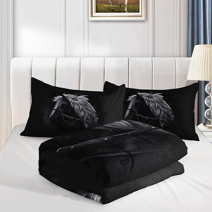 Bedding Comforter Set Black Horse Dark Horse Printed Pattern Quilt Bedding Set with 1 Comforter and 2 Pillowcases for Girls and Boys Bedroom All Season(Black Horse Queen)