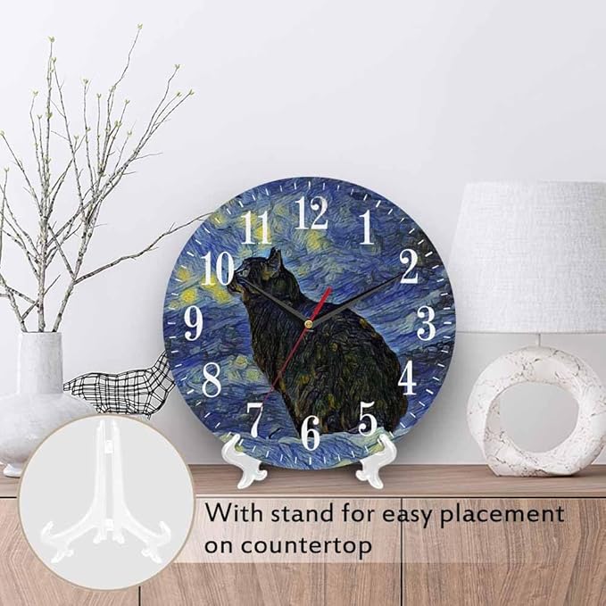 Van Gogh Wall Clock Oil Painting Galaxy Cat 10 Inch Silent Non Ticking Battery Operated Clock Vintage Round Clock for Living Room Bedroom Bathroom Office Decor