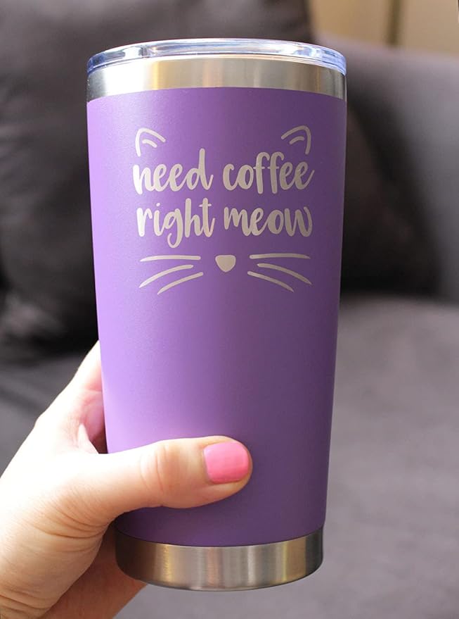 Bevvee Need Coffee Right Meow - Insulated Tumbler Cup with Sliding Lid - Stainless Steel Mug - Cat Themed Coffee Gift - Purple