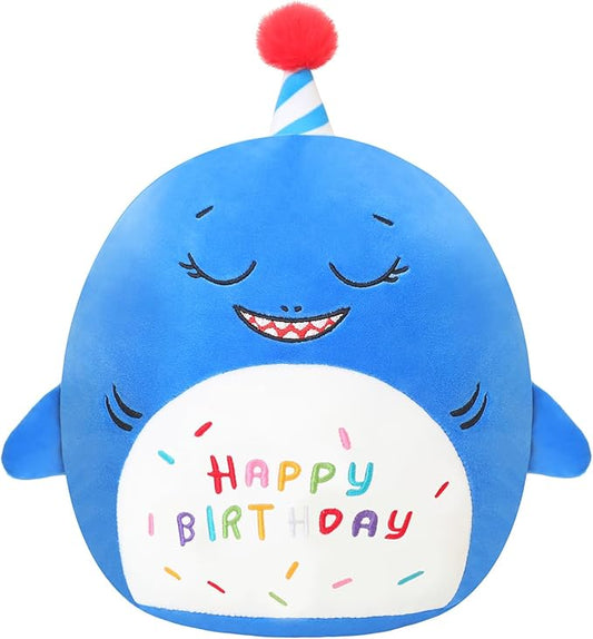 SQEQE Shark Stuffed Animal Toy Happy Birthday Shark Plush Cute Blue Birthday Plushies Doll Home Decor for Kids Girls Boys 10 Inch