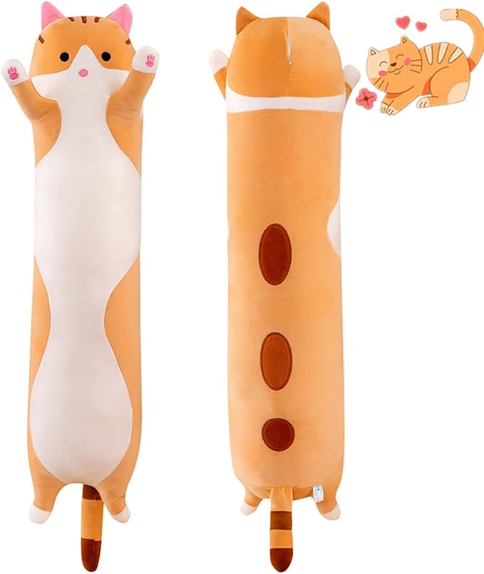 43.32in Long Yellow Cat Plush Pillow Toy Sleeping Pillow Cute Cartoon Cat Stuffed Animals Soft Long Body Pillow Gift for Kids Adults