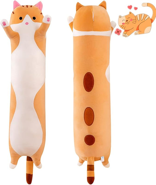 43.32in Long Yellow Cat Plush Pillow Toy Sleeping Pillow Cute Cartoon Cat Stuffed Animals Soft Long Body Pillow Gift for Kids Adults