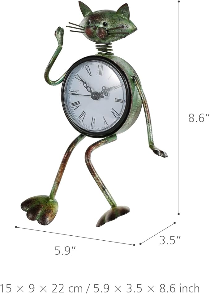 Tooarts Small Cat Desk Clock Handmade Vintage Metal Cat Figurine Decorative Table Animal Clock
