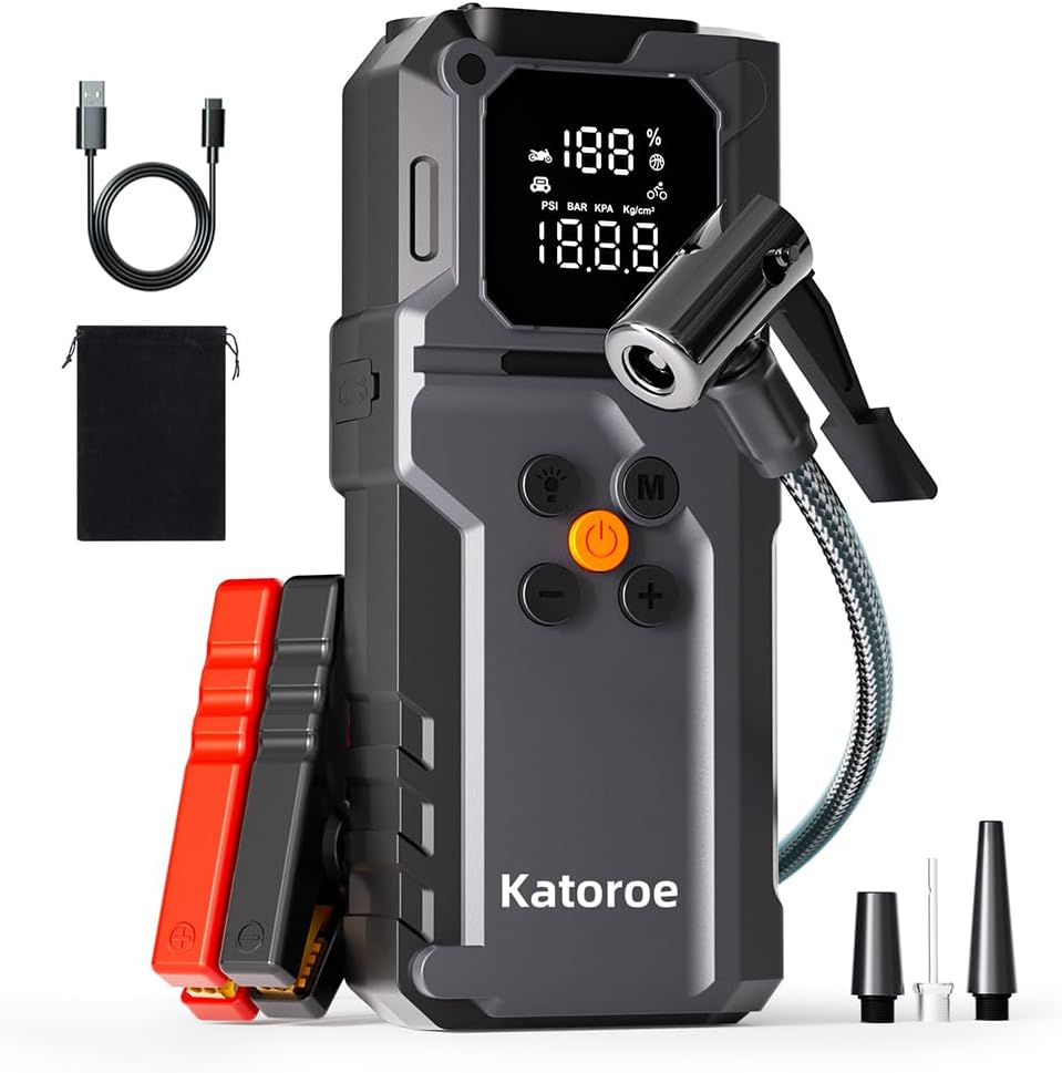 Jump Starter with Air Compressor, 4000A Jump Starter Battery Pack with 150PSI Tire Inflator, Portable Air Compressor, 12V Jump Starter for 9.0L Gas 7.0L Diesel Engines, Jumper Cables, Flashlight