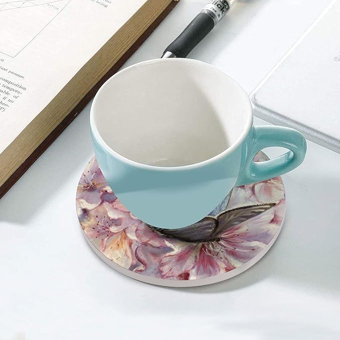 Butterfly Coasters for Drinks Pink Flower Background Set of 4, 4 Inch Absorbent Ceramics Flower Coasters for Coffee Table with Cork Base, Tabletop Protection、